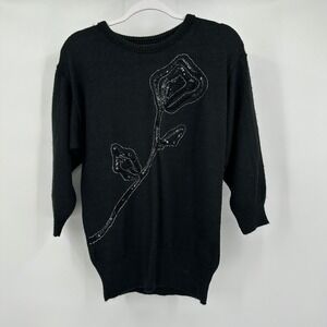 Womens Vintage Black Knit Sweater Beaded Rose Motif Size S Moody Gothic USA Made